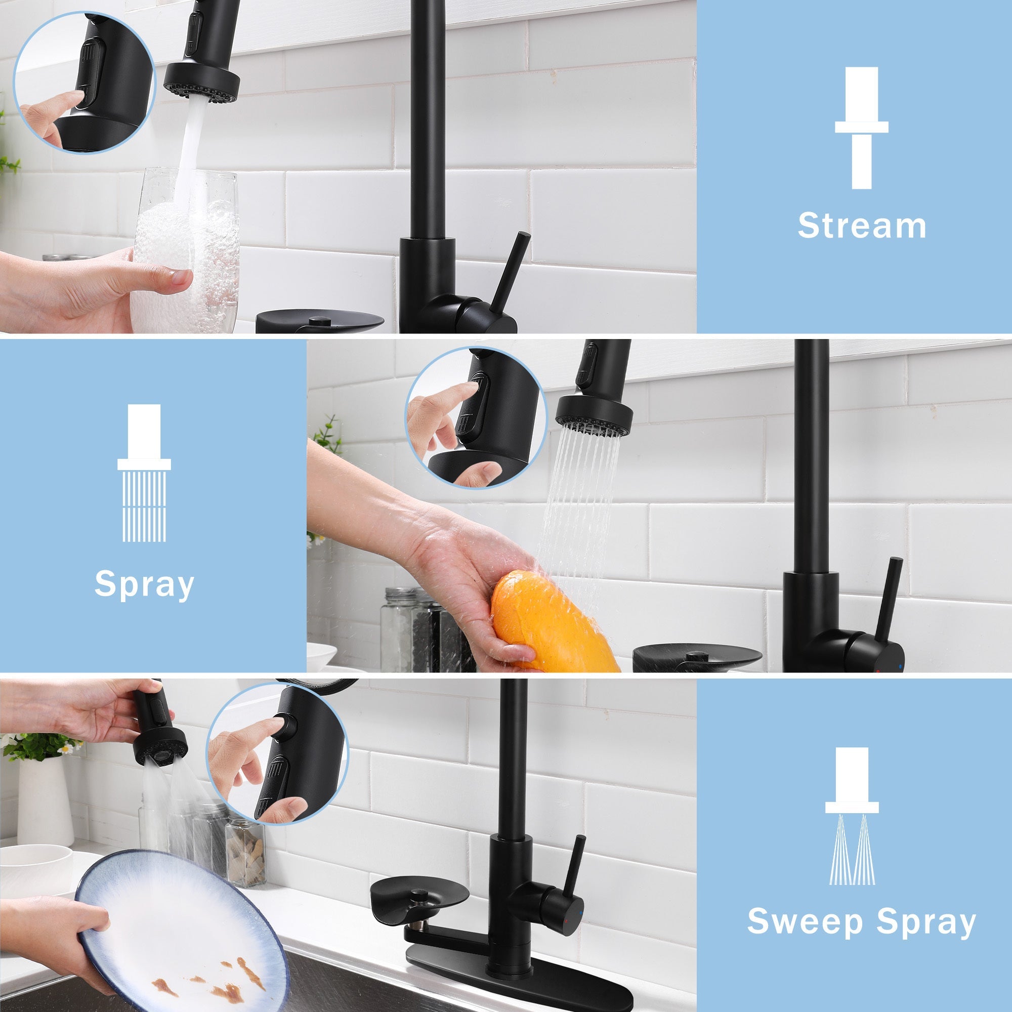 3-in-1 High-Arc Kitchen Faucet with Press-Type Glass Rinser, Pull-Down Sprayer, Matte Black Finish, Stainless Steel & ABS Construction, for Modern Sink