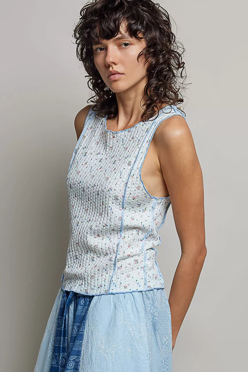 POL Seam detail Floral Round Neck Ribbed Tank
