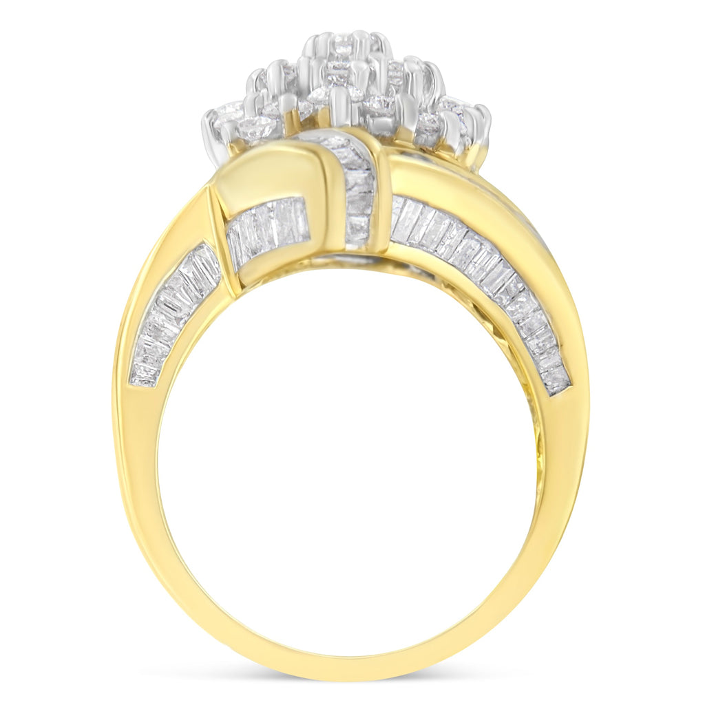 10K Yellow Gold Round and Baguette Diamond Crossover Cluster Ring (3 Cttw, I-J Color, I1-I2 Clarity) - Size 7-1/2