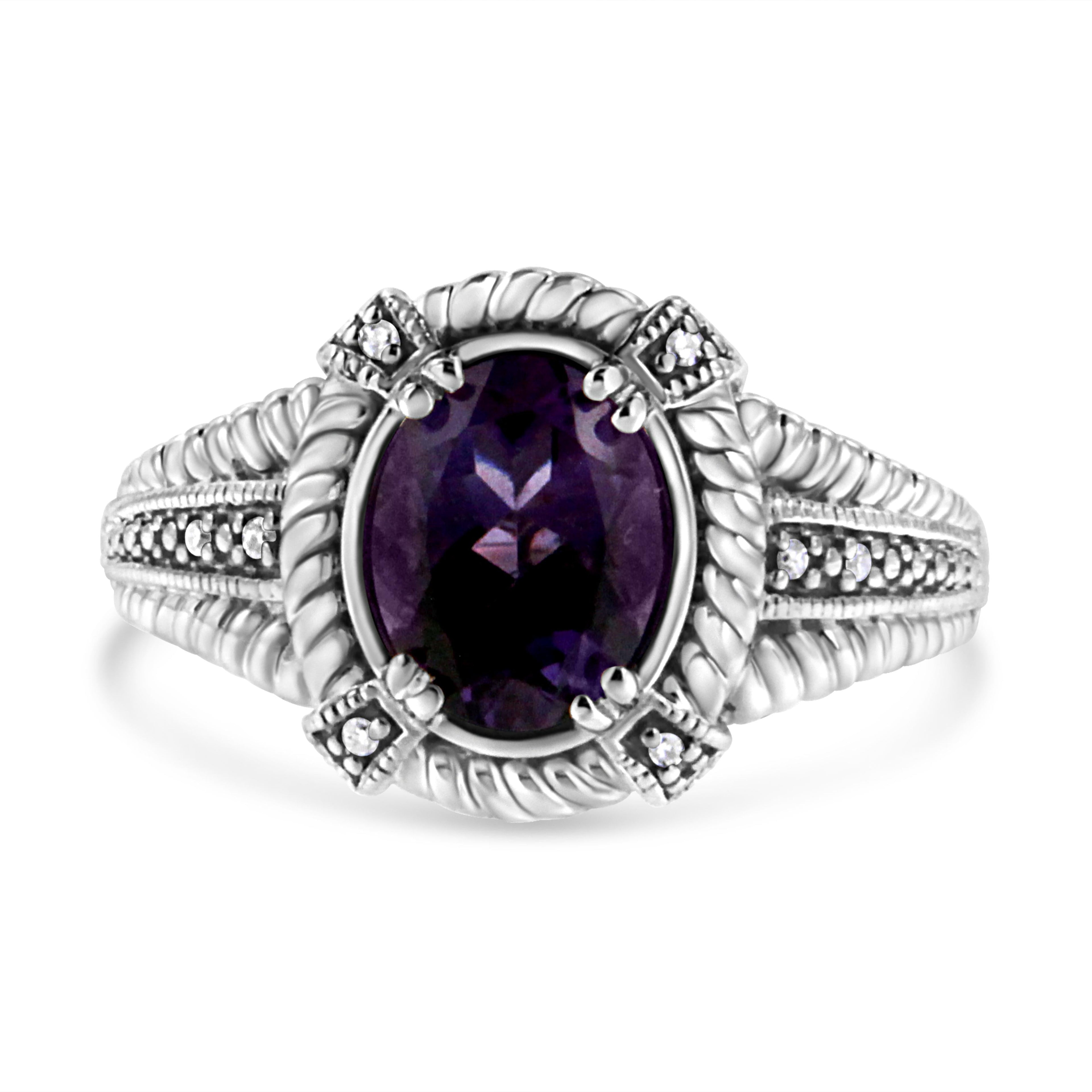 .925 Sterling Silver Prong Set Natural Oval Shape 9X7 MM Purple Amethyst Solitaire and Diamond Accent Ring (I-J Color, I1-I2 Clarity) - Ring Size 7