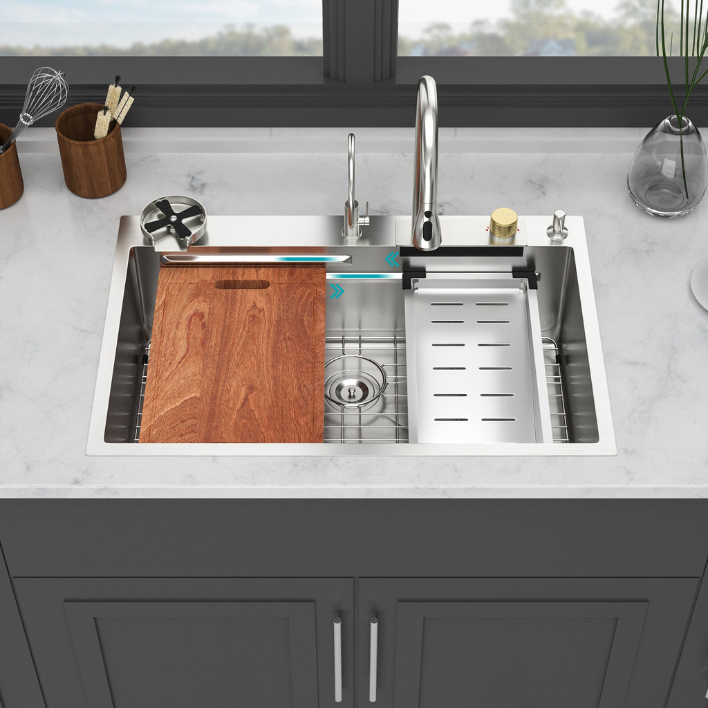 33*22 inch Brushed Nickel 33' Waterfall Kitchen Sink with Pull-Out Faucet & Cup Washer, Stainless Steel Ledge Workstation