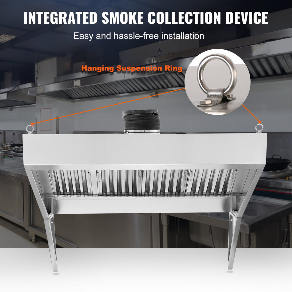 Commercial Exhaust Hood, 8FT Food Truck Hood Exhaust, 201 Stainless Steel Concession Trailer Hood with 4 Detachable U-shaped Grid Oil Filter Mesh, Rust Resistant Vent Hood for Kitchen Restaurant