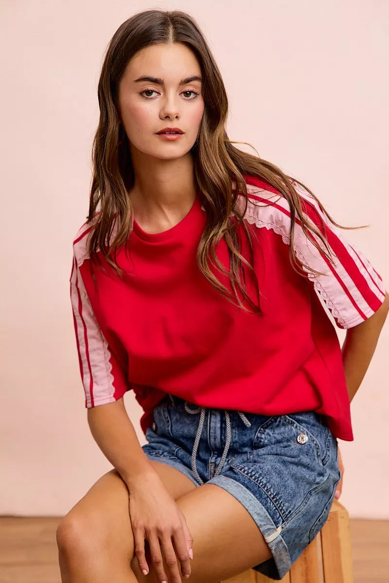 BiBi French Terry Side Lace Detail Short Sleeves Top