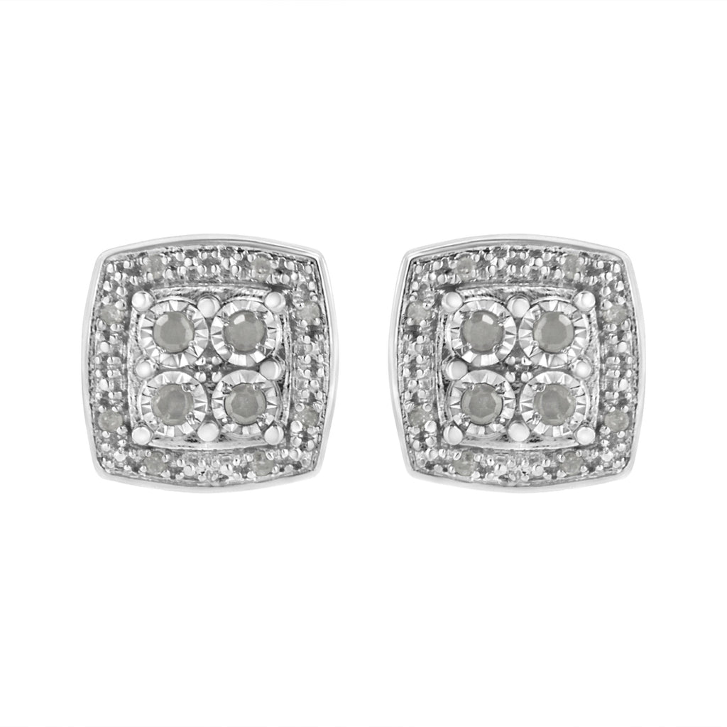 .925 Sterling Silver 1/4 cttw Round Cut Diamond Square Shape Milgrain Stud Earrings (I-J Color, I3 Clarity)