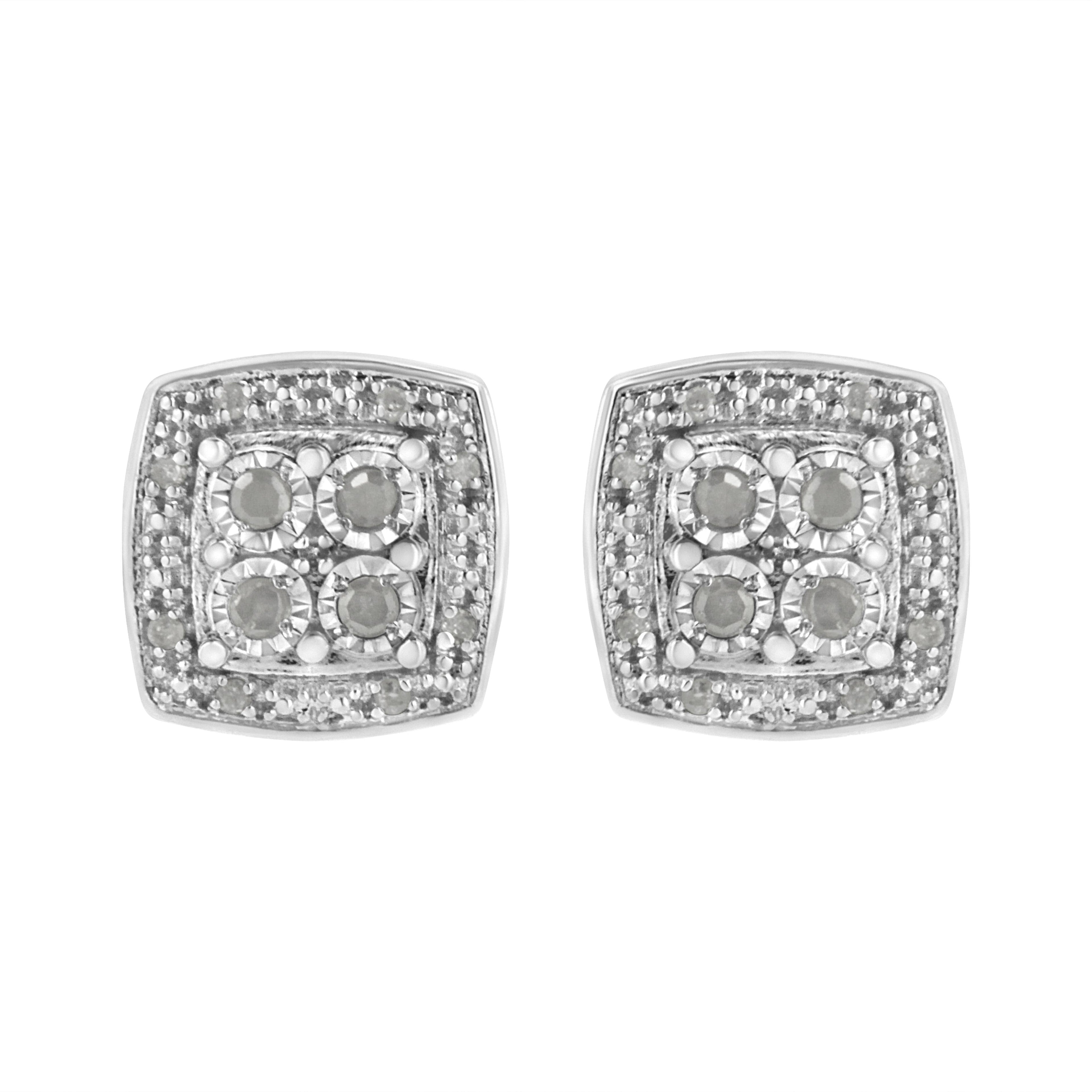 .925 Sterling Silver 1/4 cttw Round Cut Diamond Square Shape Milgrain Stud Earrings (I-J Color, I3 Clarity)