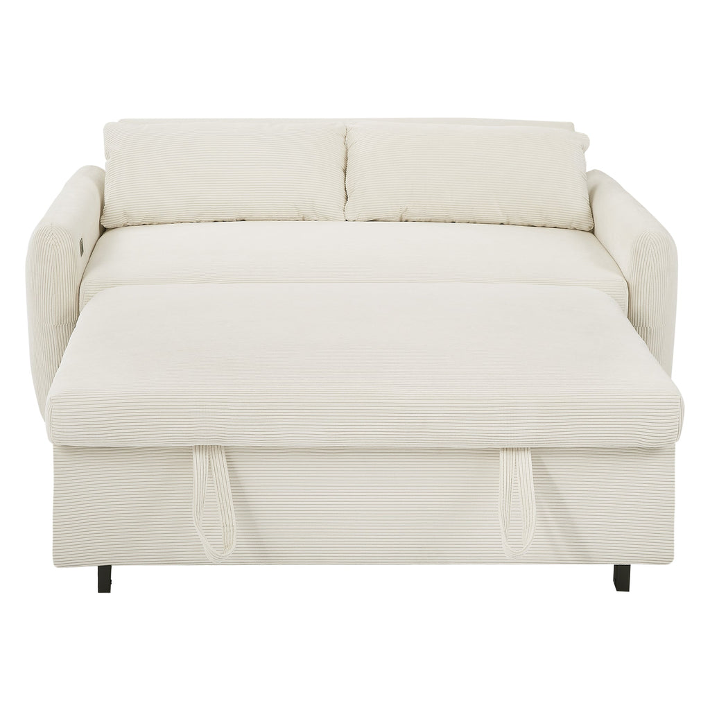 Modern Convertible Pull-out Sofa Bed with USB Ports and Pillows, Beige Corduroy, 57.48 inches