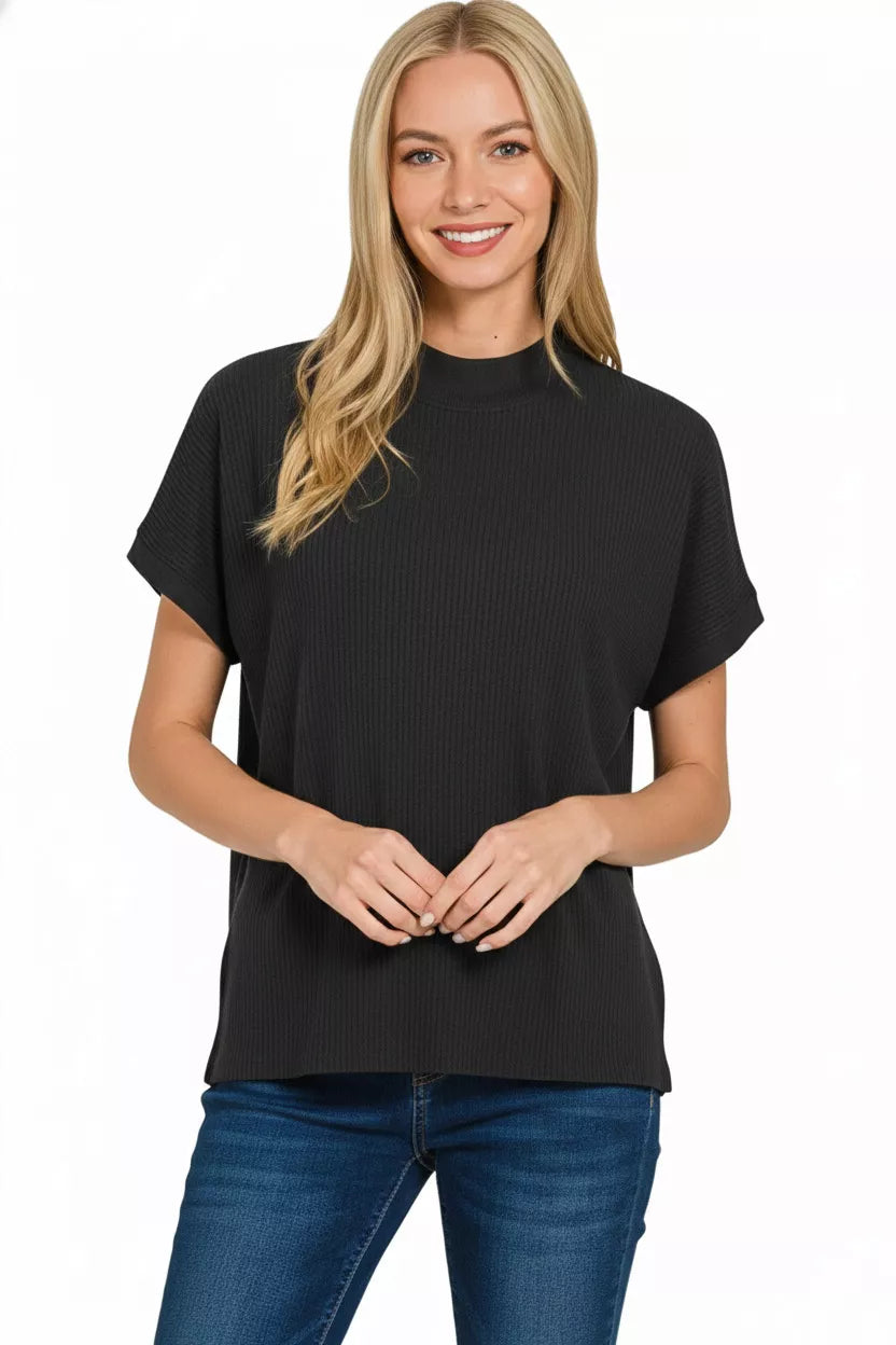 Zenana Viscose Mock Neck Short Sleeve Boxy Sweater