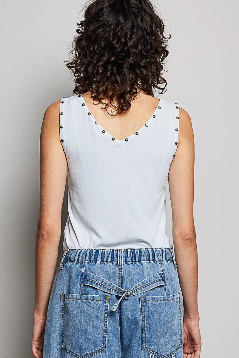 POL Studded Trim Button-Front Ruffle Detail Tank