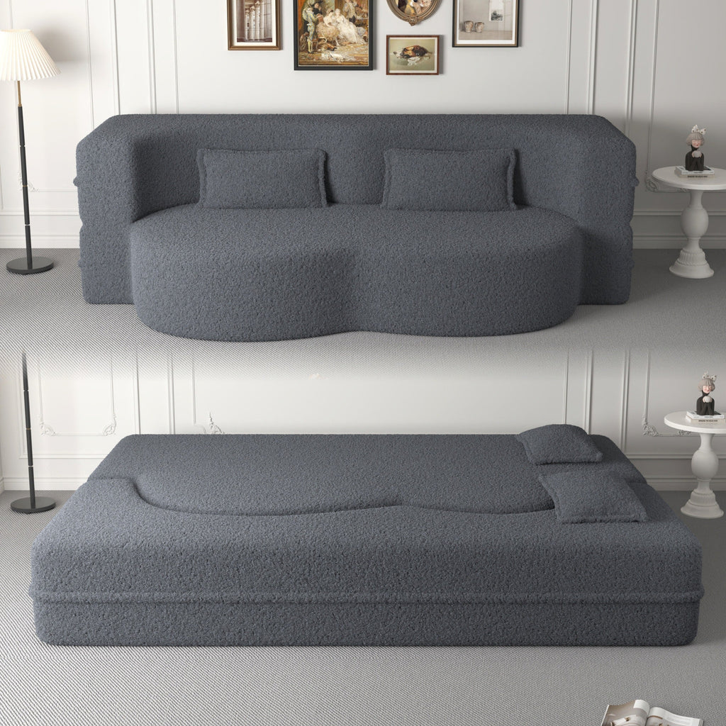 Modern Floor Sofa, with 2 Pillows, Convertible Teddy Fabric Foam Filled Bed, 15 inch Full Size Folding Mattress, Suitable for Living Room, Guest room, Game Room, Grey