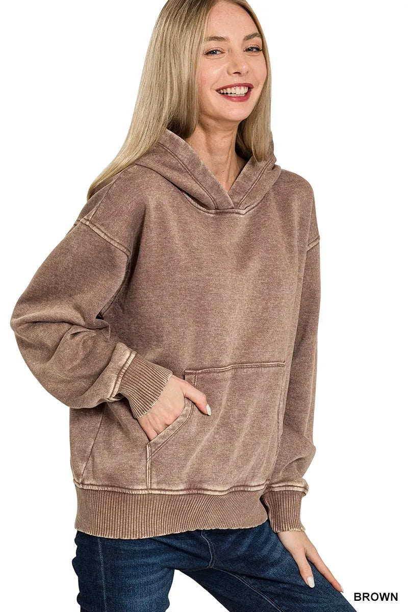 Zenana Fleece Acid Wash Kangaroo Pocket Hoodie