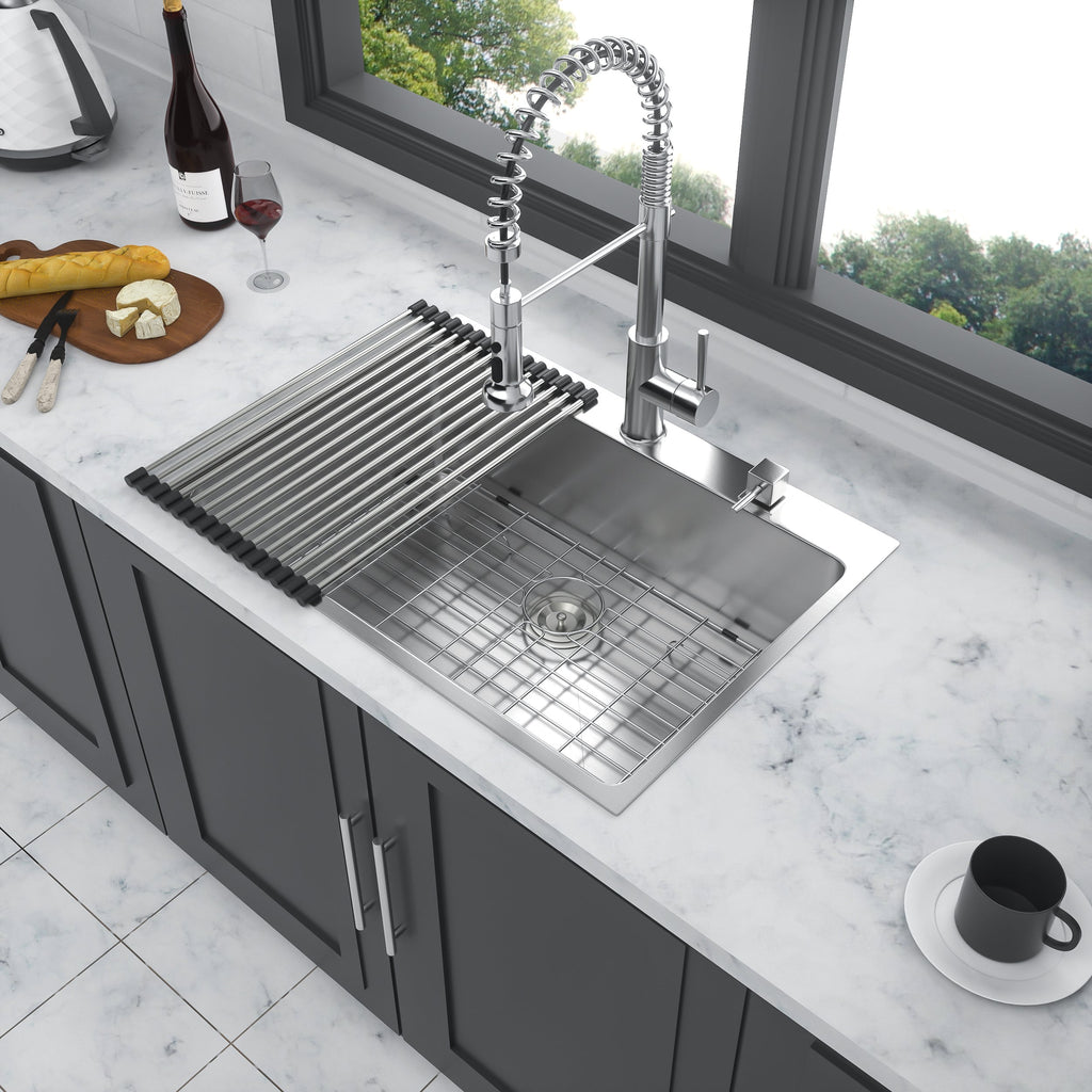 Modern Brushed Nickel 30 x 22 Inch Kitchen Sink Drop-In 16 Gauge Stainless Steel Single Bowl Topmount Basin