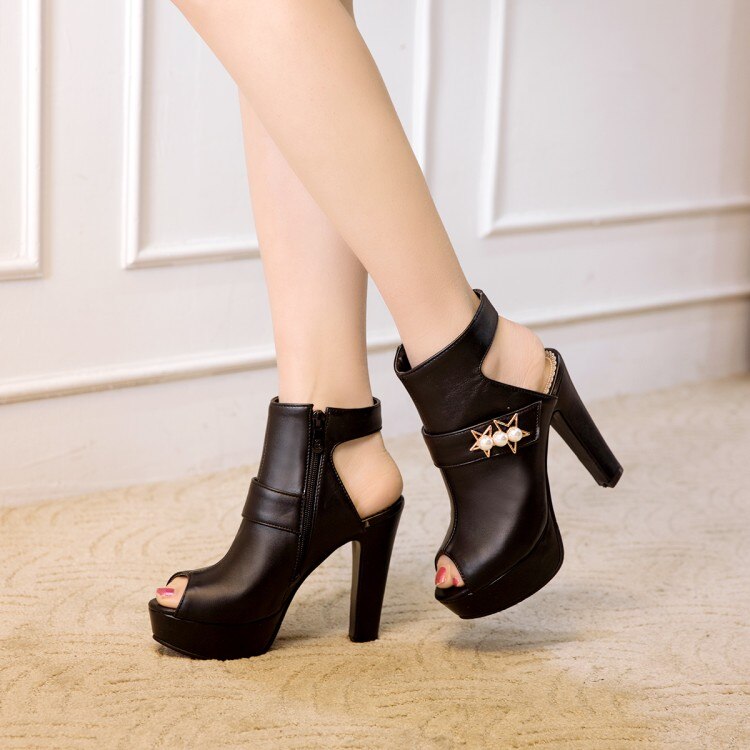 New Summer Peep Toe Chunky Heels with Side Zipper