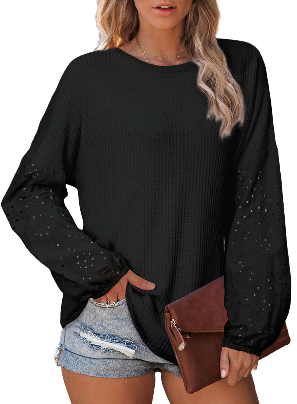 SHEWIN Spring Tops for Women 2025 Trendy Waffle Knit Long Sleeve Shirts Lightweight Crewneck Tunic Top Summer Clothes for Women Black XL