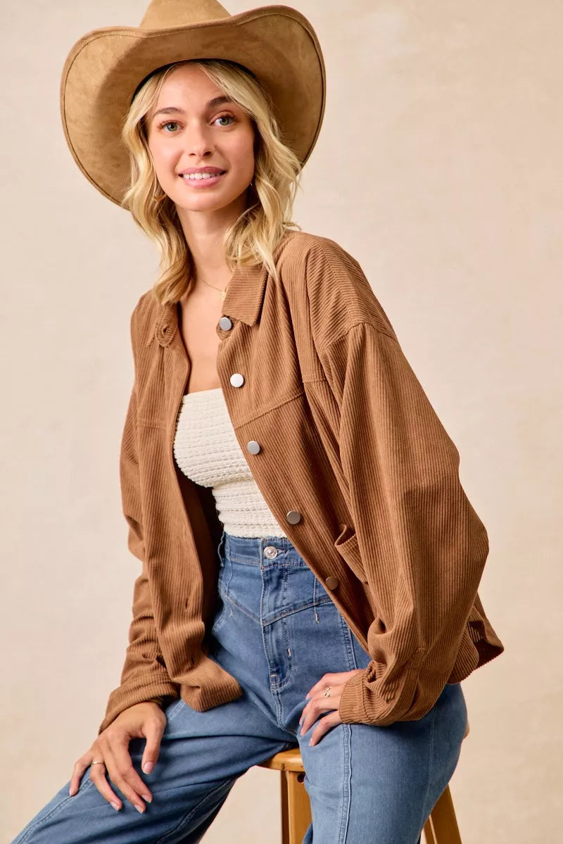 BiBi Corduroy Relaxed Fit Shacket with Back Pleat
