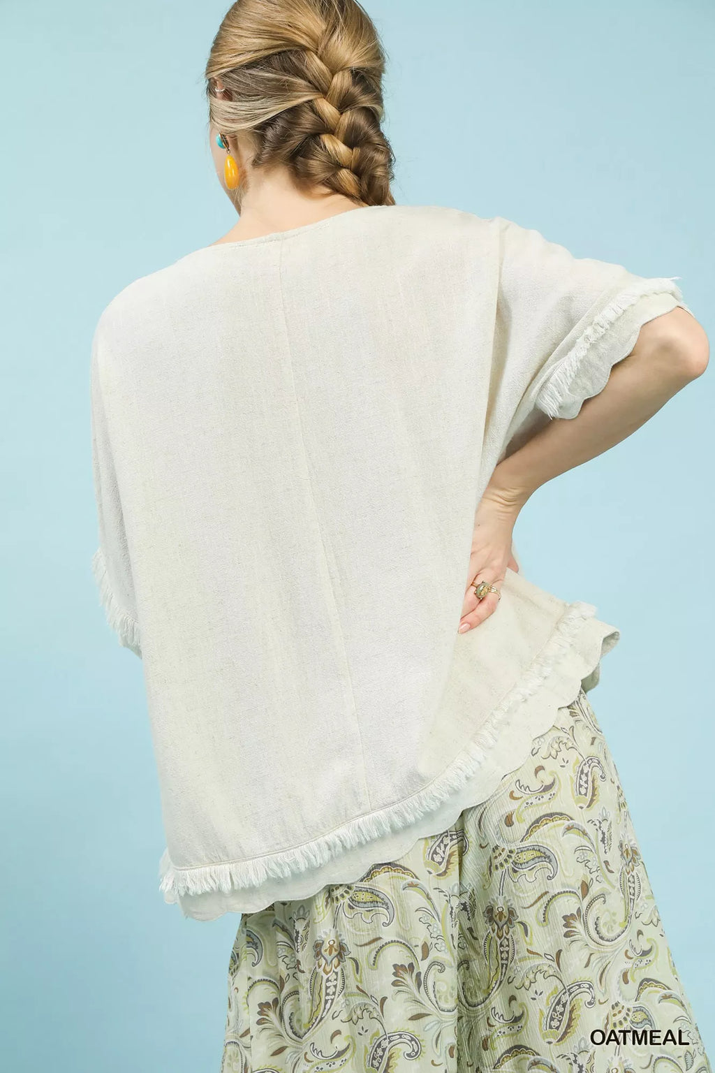 Umgee Linen Frayed Hem Scallop Edge Top