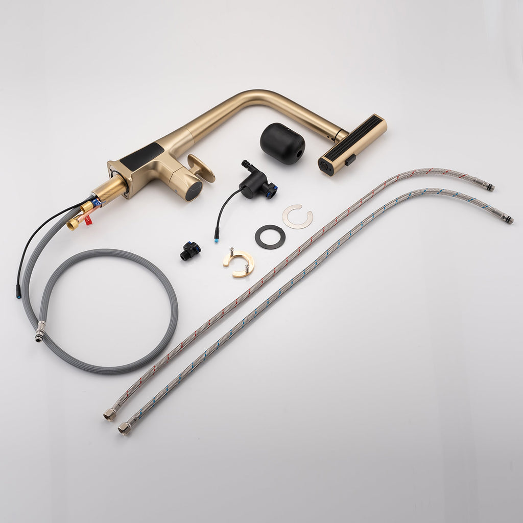 Brushed Gold Waterfall Kitchen Faucet with Temperature Display and Pull Down Sprayer