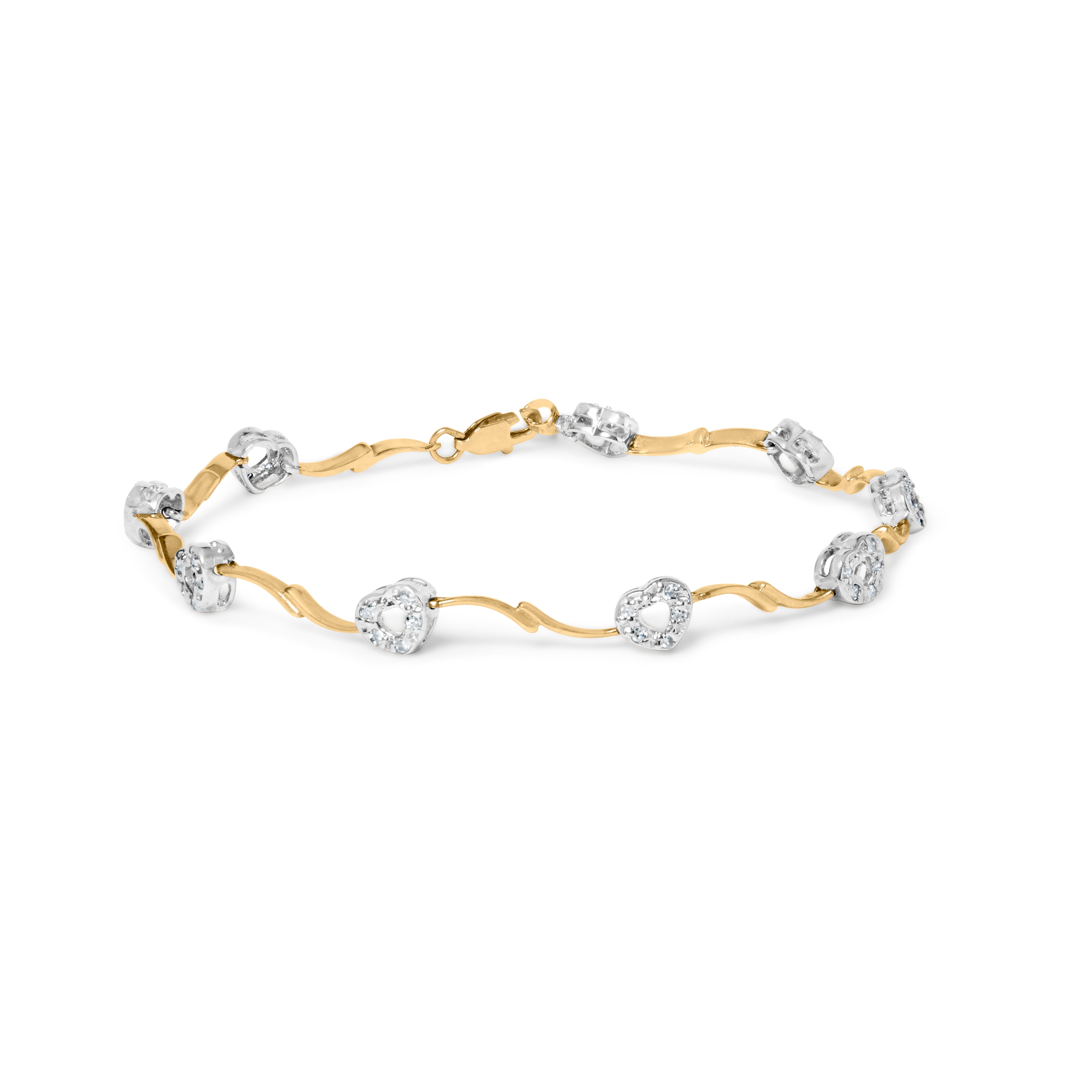 10k Two-Tone Gold 1/3 Cttw Diamond Pave Set Heart S-Link 7.25" Bracelet (I-J Color, I2-I3 Clarity)
