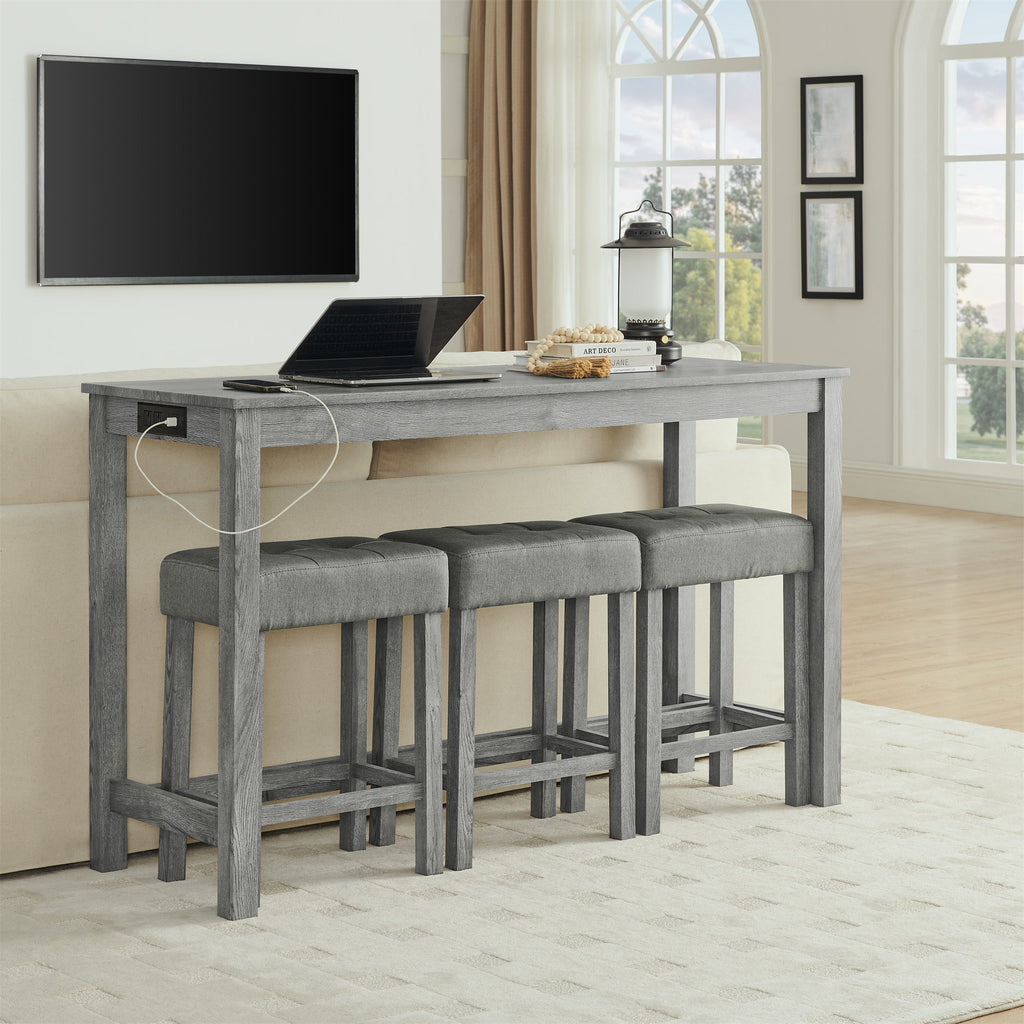59 Inch Bar Table, Dining Table, Sofa Table with Power Outlet, 3 Upholstered Stools, 4 Piece Bar Table and Chair Set for Living Room, Dining Room, Kitchen