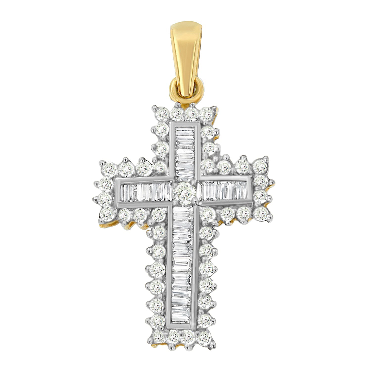14K Yellow Gold 2.0 Cttw Multi-Row Diamond Cross Pendant Necklace