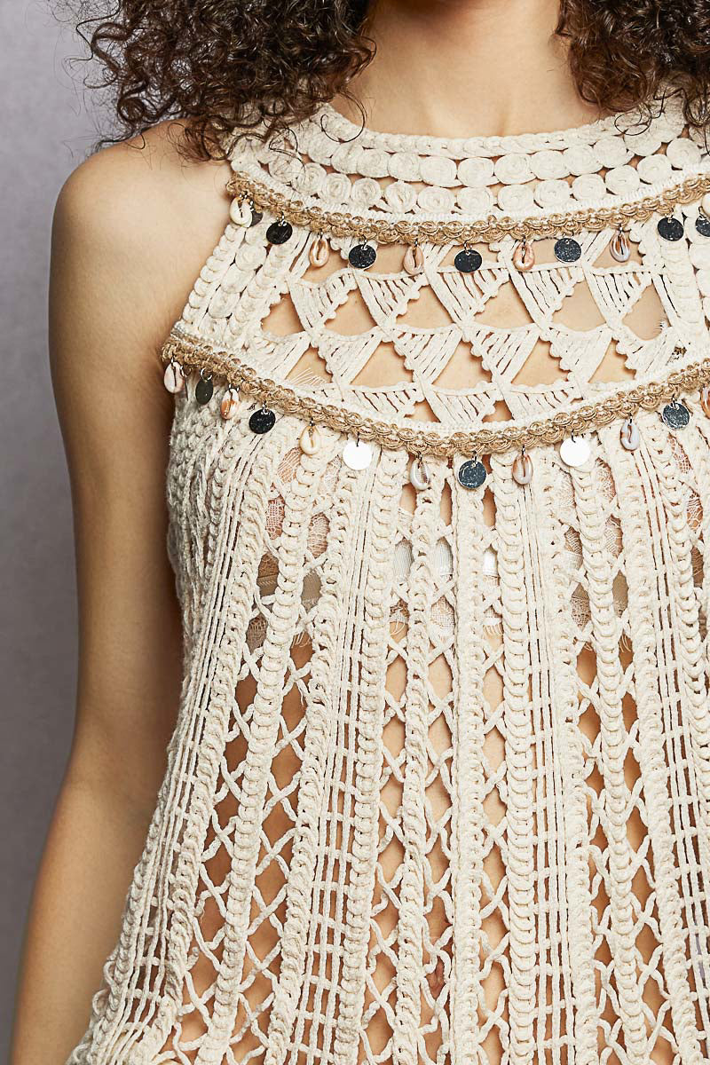 POL Halter Neck Sleeveless Crochet Top with Seashell & Mirror Dangle Trim