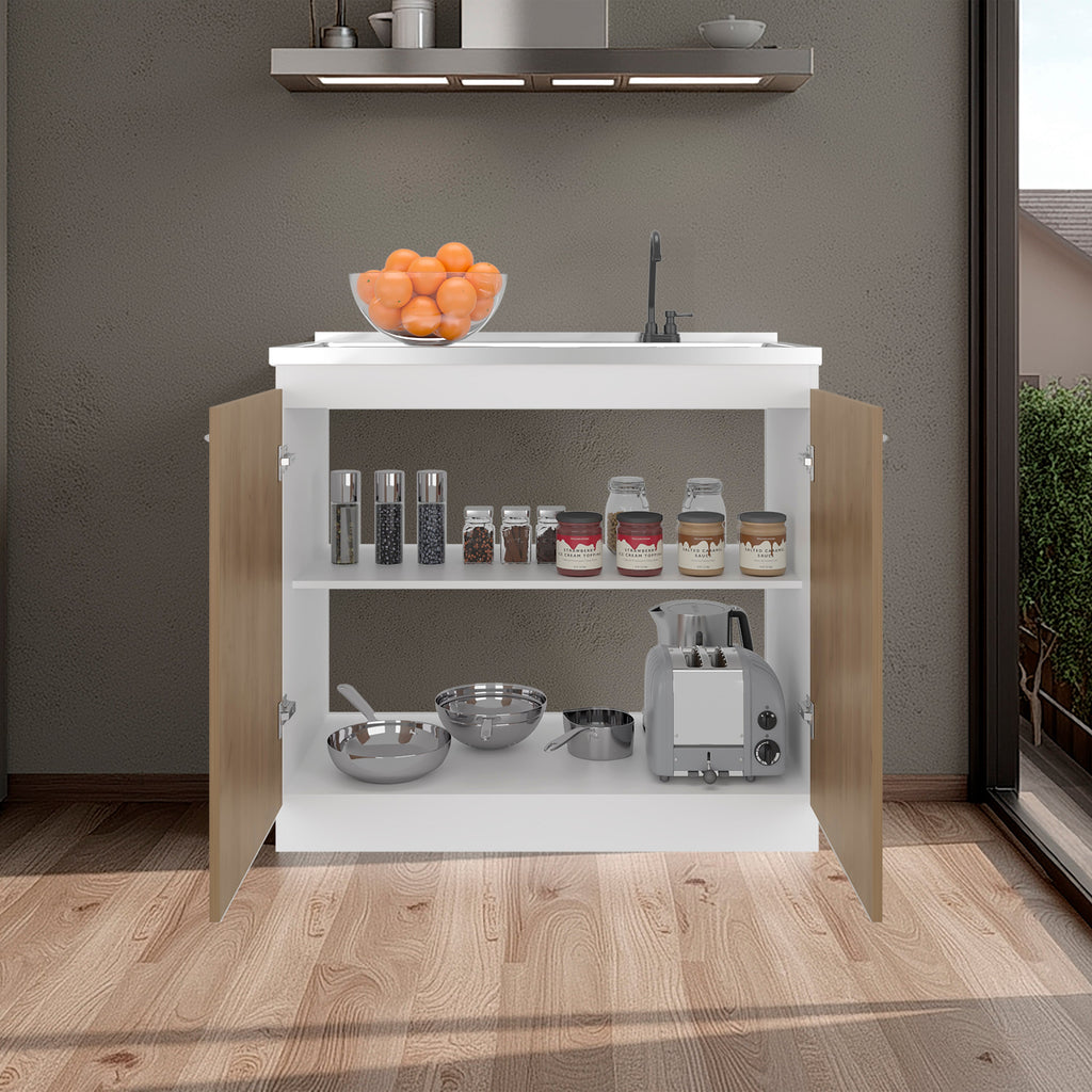 Napoles Utility Sink with Faucet Inclued and Integrated Stainless Steel Counter top, Freestanding cabinet with two doors, Metal Handles and Two interior shelves, Natural+White