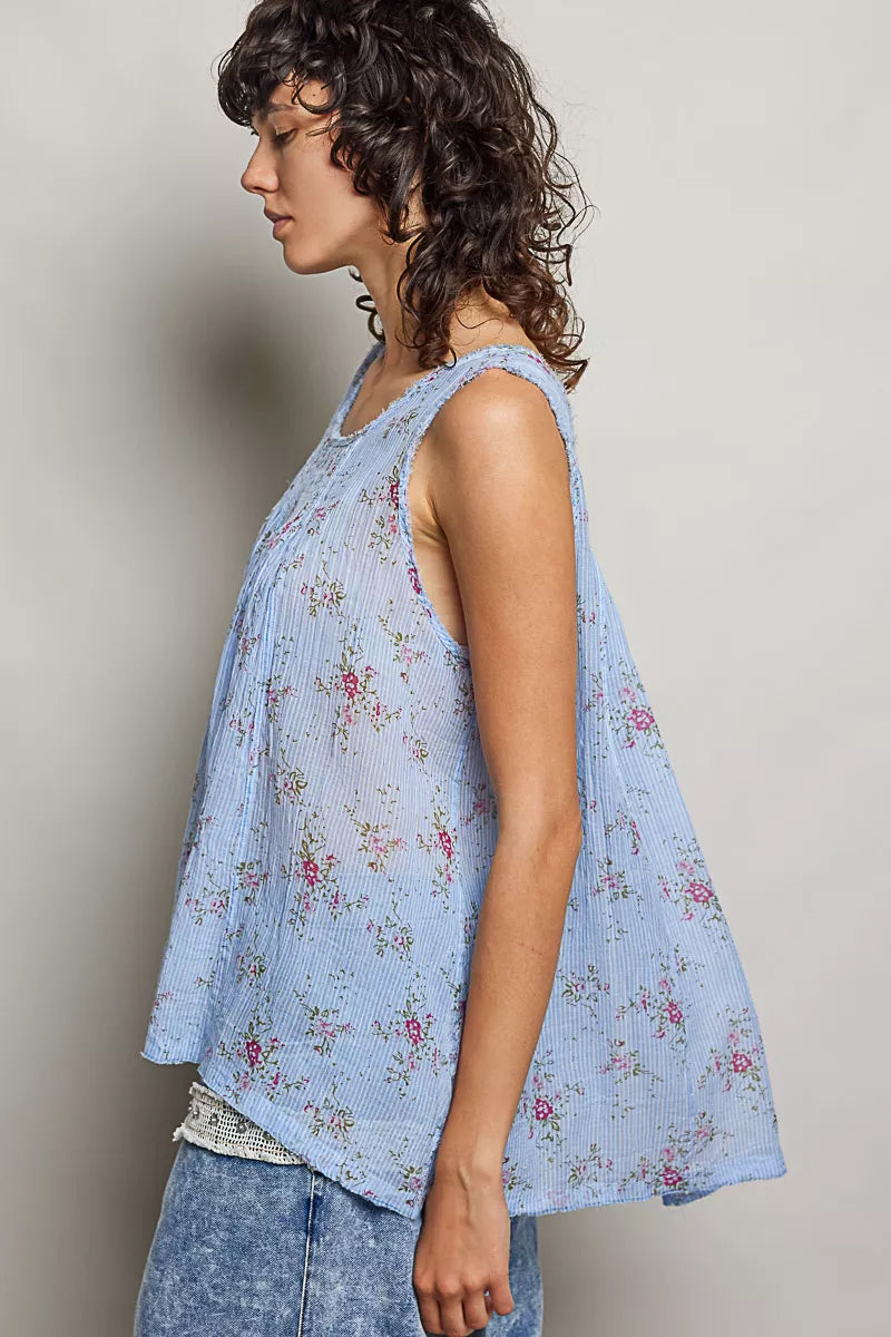 POL Round Neck Sleeveless Floral Pleated Cotton Top