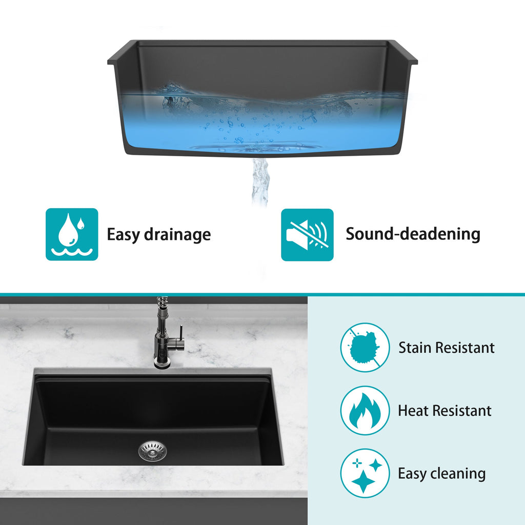 Quartz Kitchen Sink - 28' x 19' Black Granite Composite Workstation Undermount