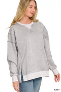 Zenana Fleece Acid Washed Contrast Trim Pullover