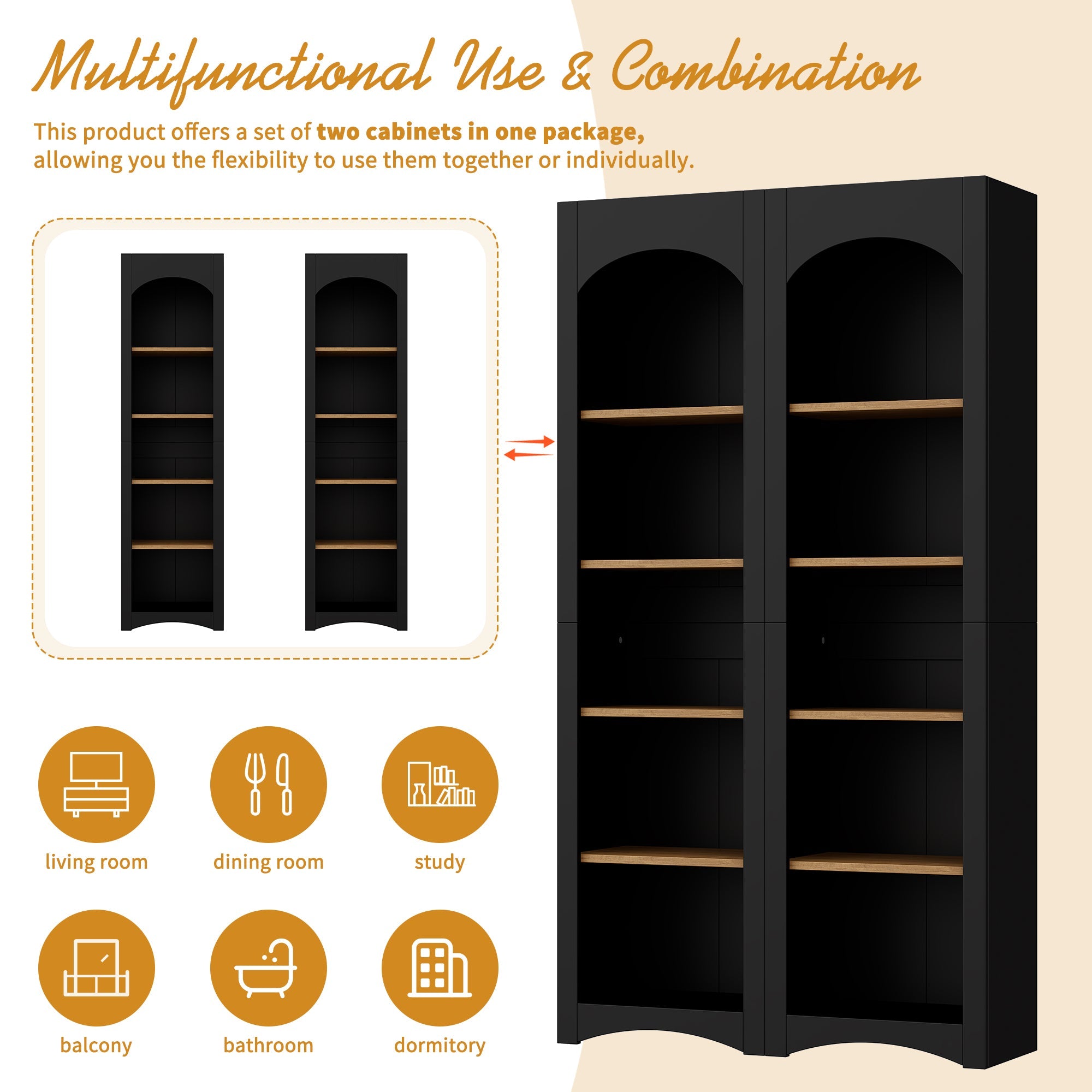 ON-TREND Free Standing 5 Tier Bookshelves, Bookcases Set of 2, Farmhouse Two-Tone Storage Cabinet with Adjustable Shelves, Modern 72'H Kitchen Pantry Cabinet for Living Room, Home Office, Black