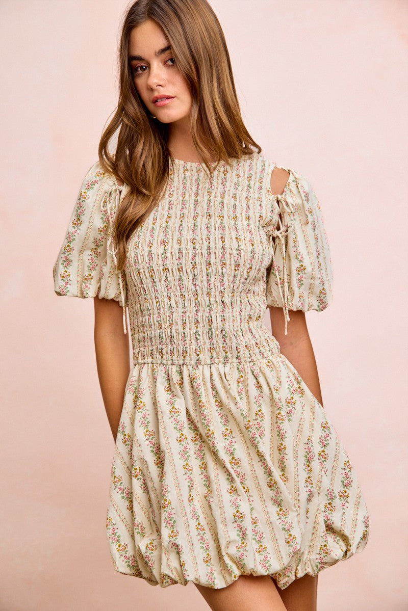 BiBi Floral Bow Tie Attachable Puff Sleeves Dress