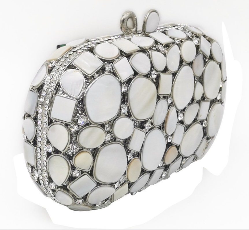 Metallic Shell Evening Clutch Bag with Rhinestones