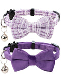 Gyapet Cat Collar with Bell Boy Girl Kitten Bow Tie Safety Breakaway Plaid Solid Color Gift Set Cute Festive B-[2pcs] Purple