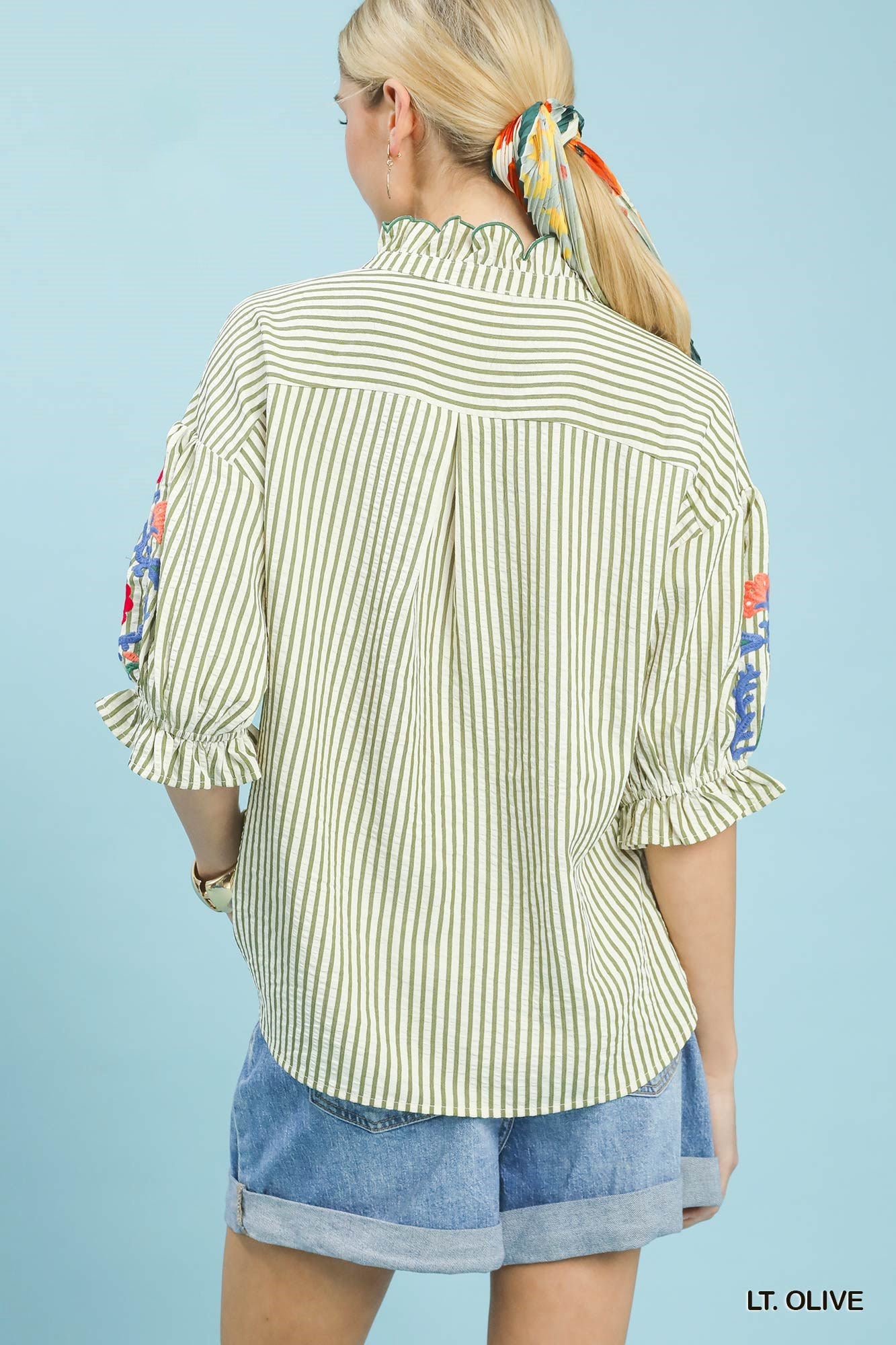 Umgee Embroidered Ruffle Trim Stripe Blouse