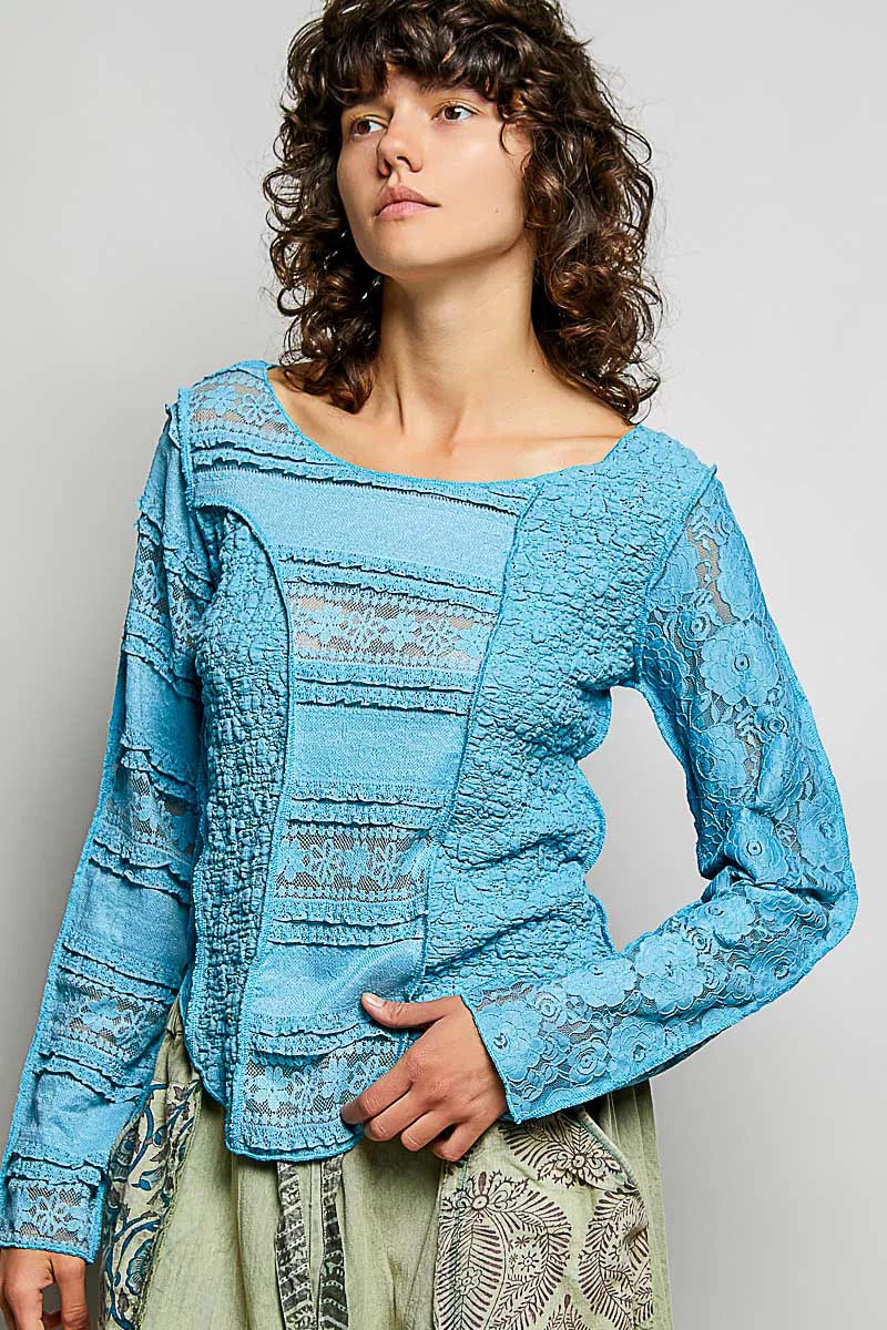 POL Round Neck Long Sleeve Exposed Seam Top with Lace Detail