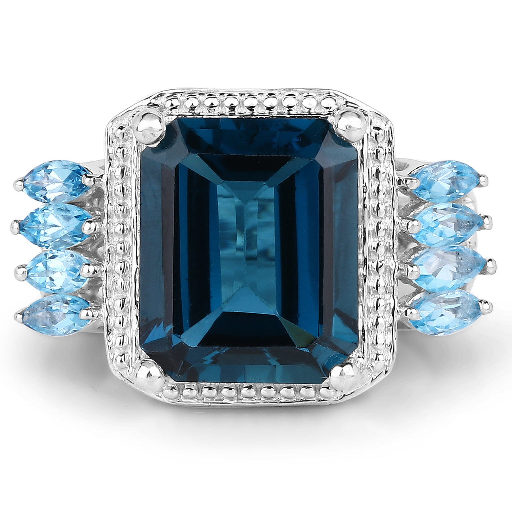 8.17 Carat Genuine London Blue Topaz and Swiss Blue Topaz .925 Sterling Silver Ring