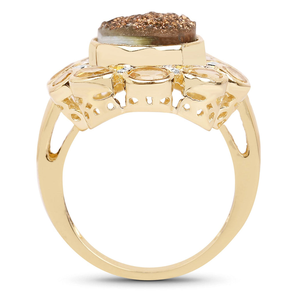 5.14 Carat Genuine Bronze Drusy and Citrine .925 Sterling Silver Ring