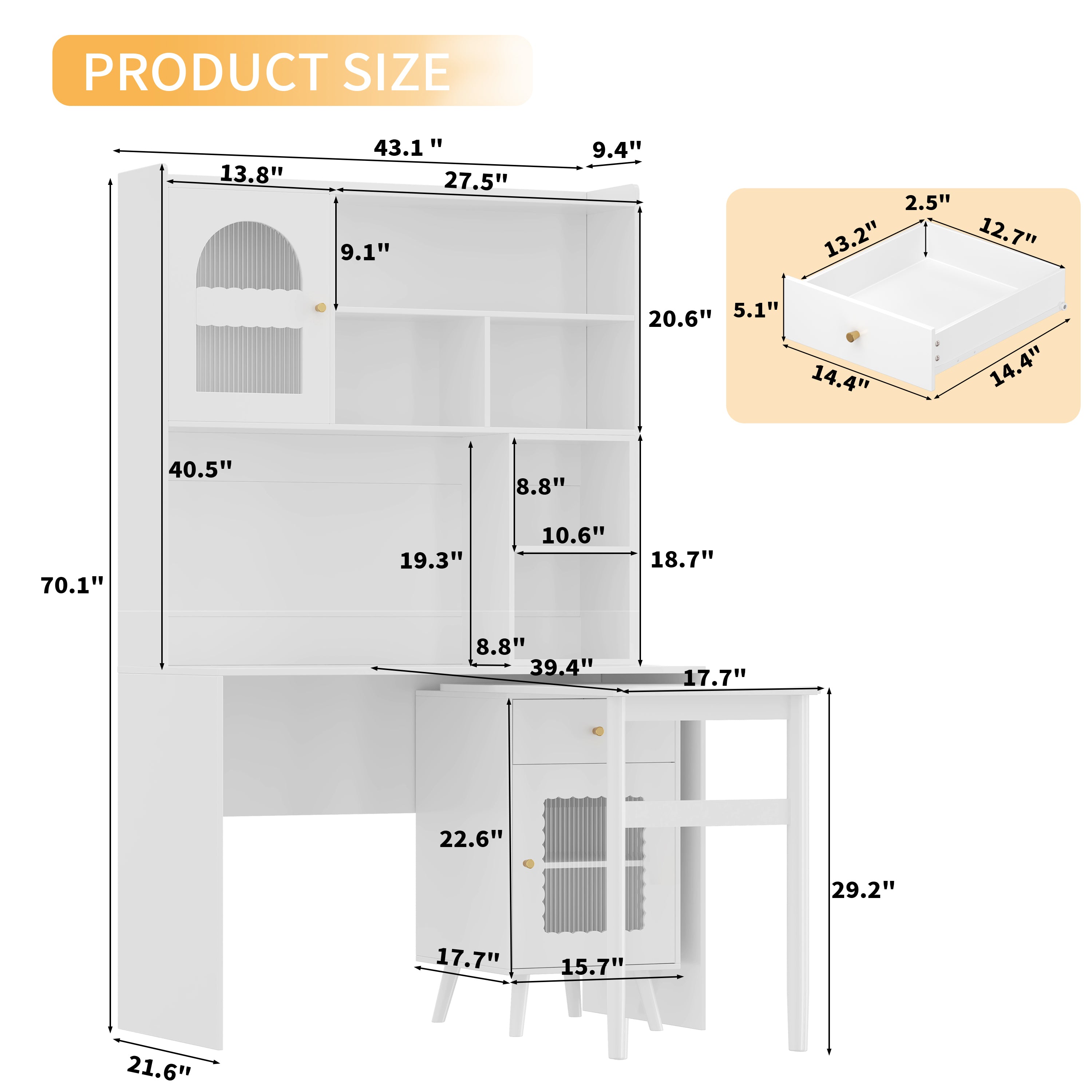Computer Desk with 90 Degree Rotating Desktop, 43x70 Inch Office Desk with Storage Drawer and Cabinets, Gaming Desk with Shelves, Writing Desk for Study, Work Desk for Home (Old SKU:N733P279101K)