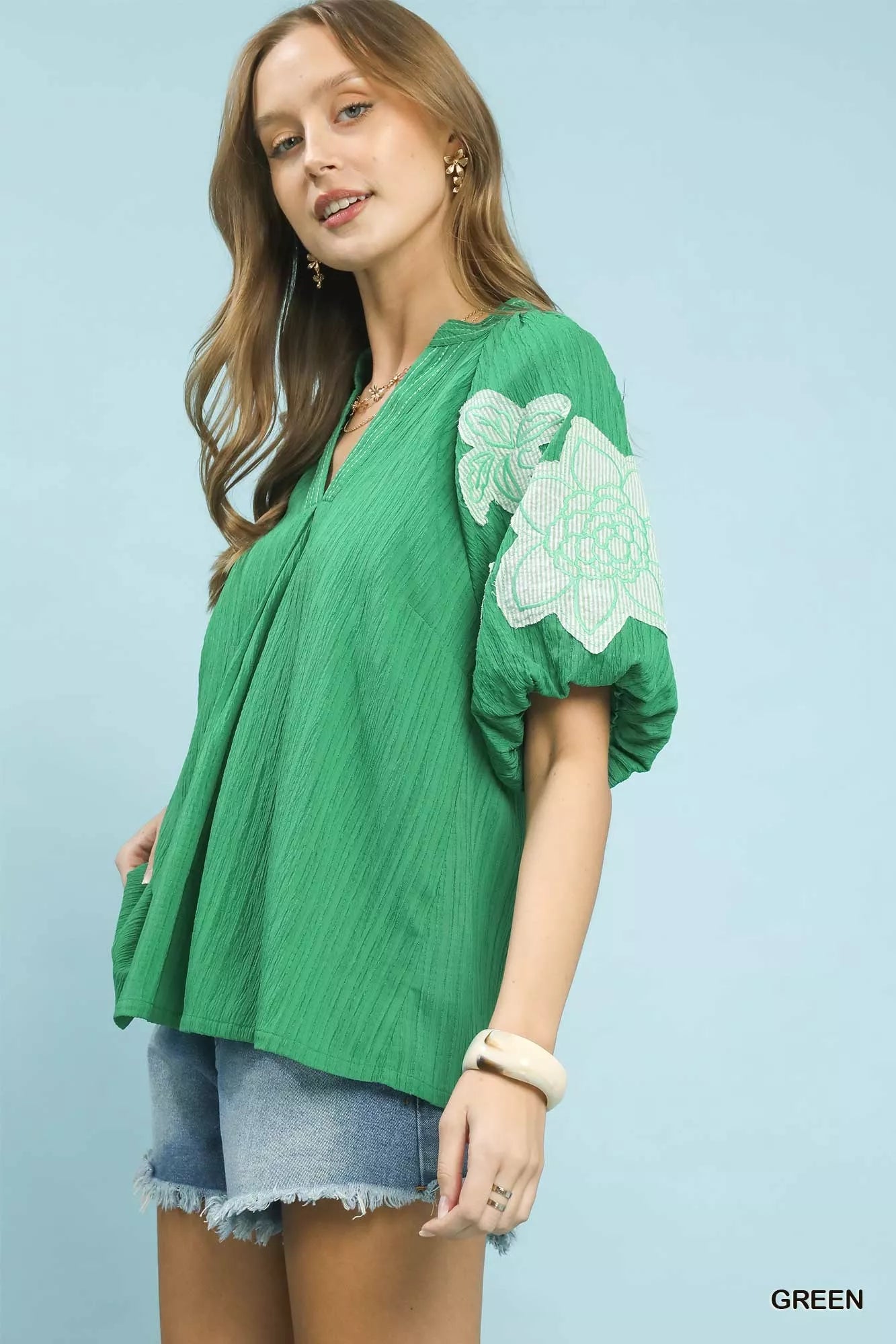 Umgee Embroidered Balloon Sleeve Notch Neck Blouse