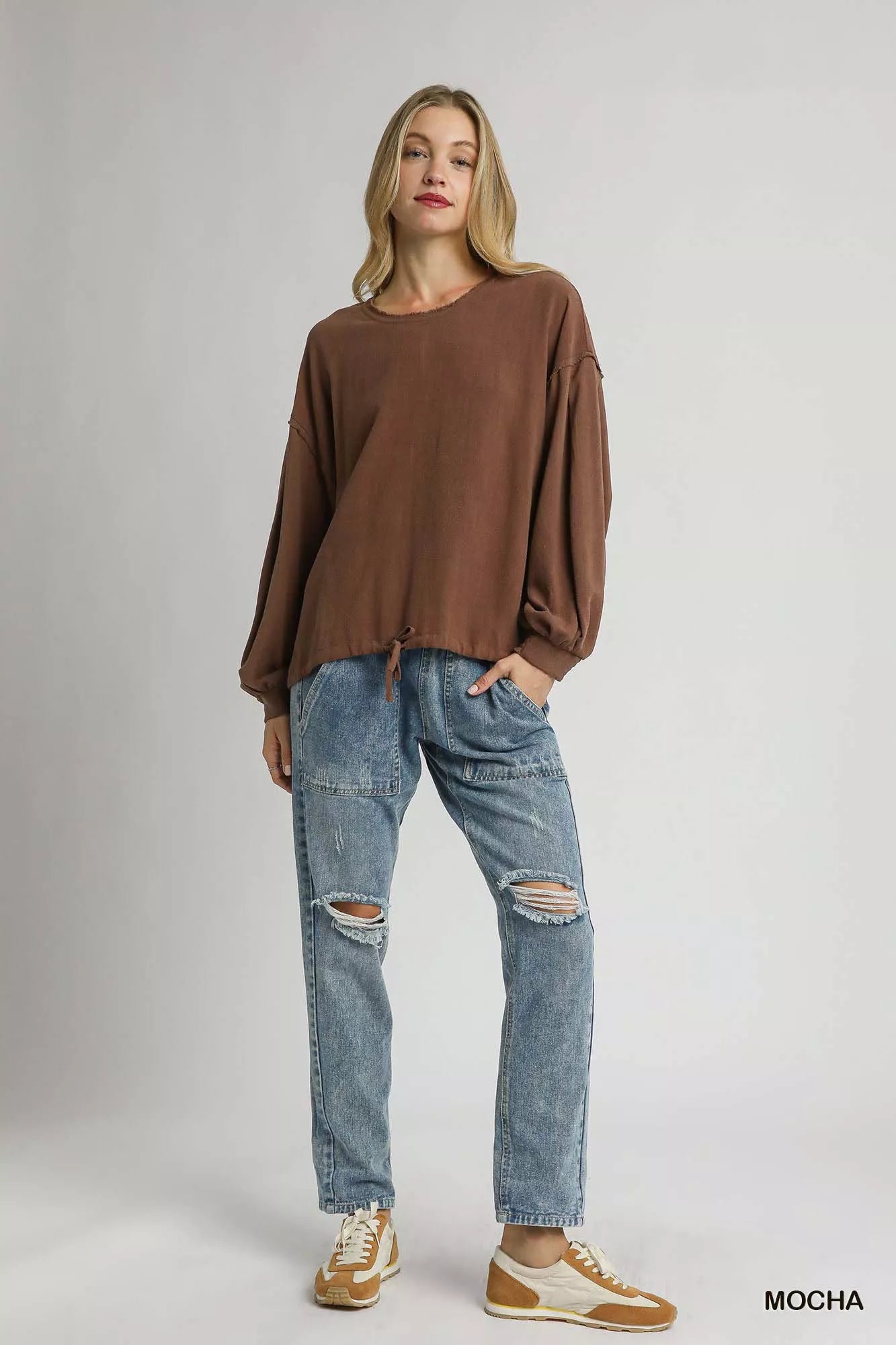 Umgee Linen Long Sleeve Top with Drawstring