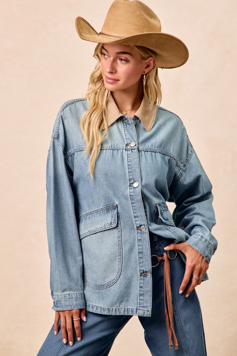 BiBi Washed Denim Jacket with Contrast Collar Detail