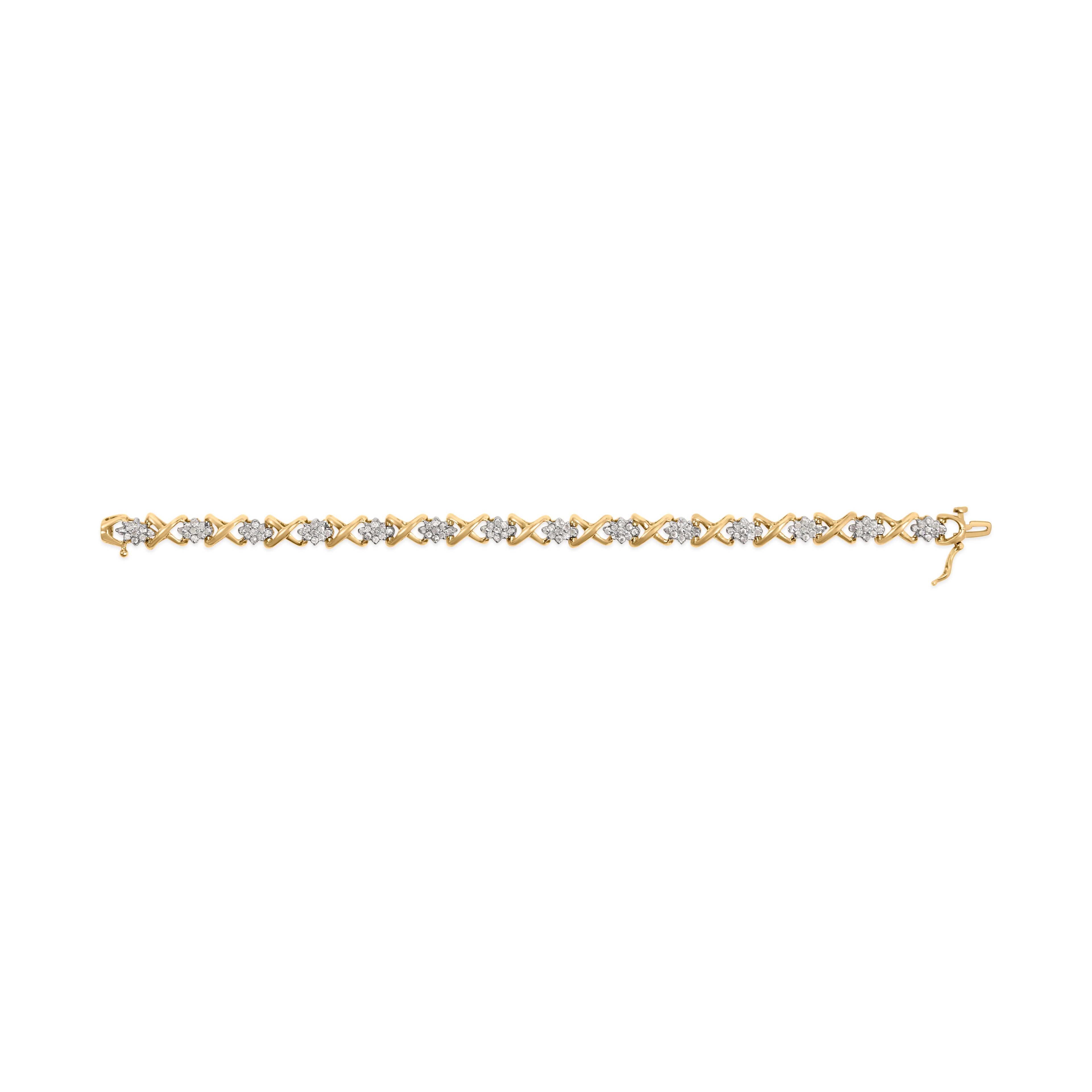 10k Yellow Gold 2.00 Cttw Diamond Cluster and Alternating "X" Link Bracelet (I-J Color, I3 Clarity) - 7"
