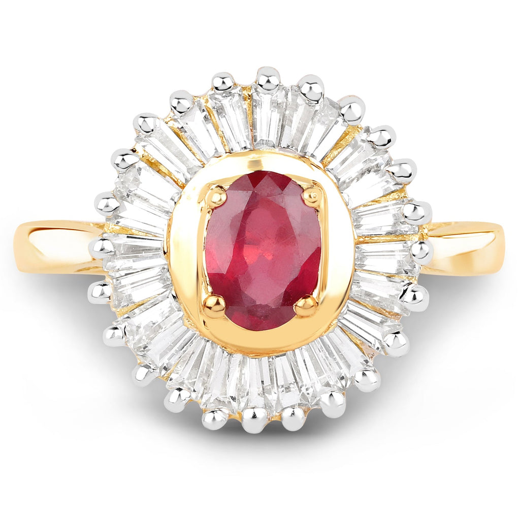 14K Yellow Gold Plated 2.44 Carat Glass Filled Ruby and White Topaz .925 Sterling Silver Ring