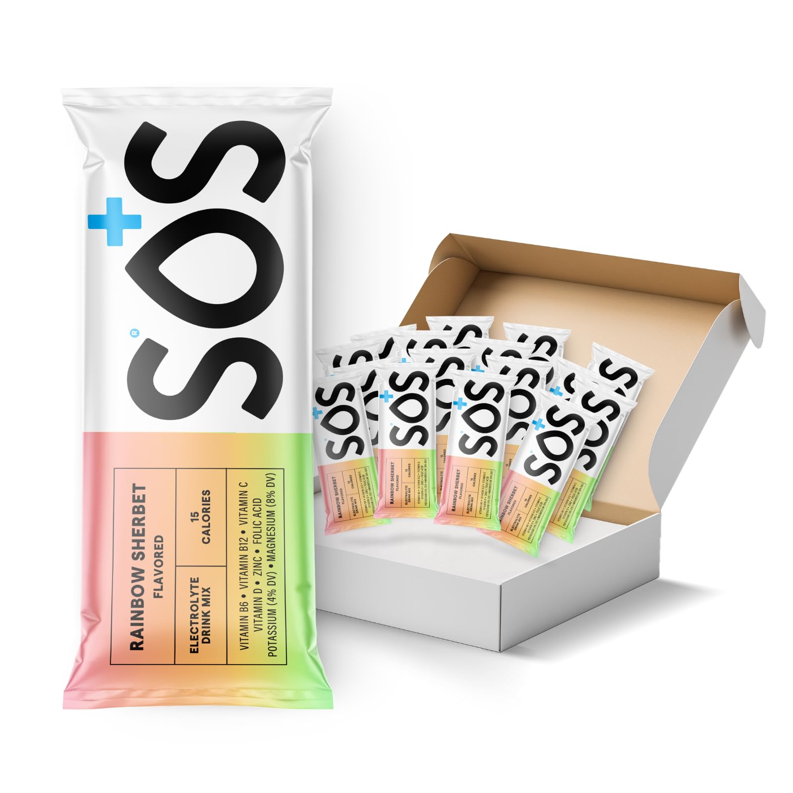 SOS Hydration Electrolyte Powder Drink Mix Packets | Daily Hydration & Energy | Added Essential Vitamins | Low Sugar | 20 Servings (Rainbow Sherbet)