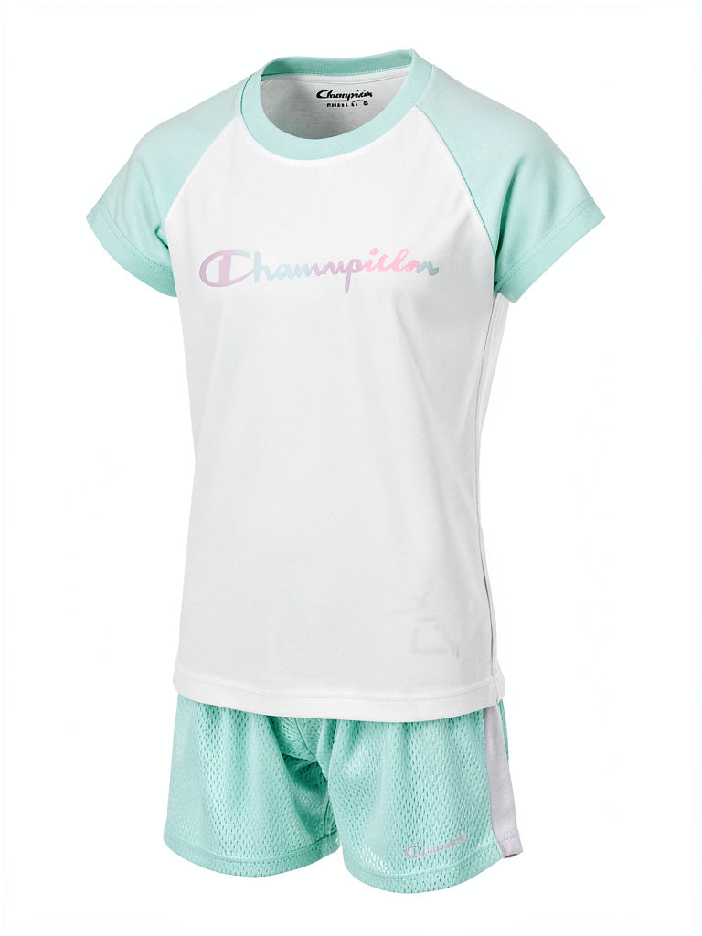 Champion Girls 2PC Mint Green Raglan Shirt Mesh Shorts Set Outfit, 3T