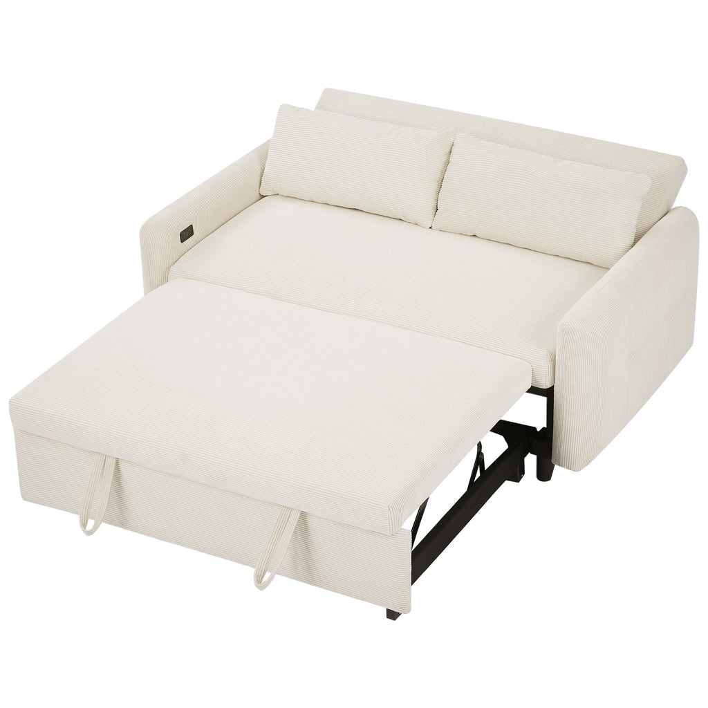 Modern Convertible Pull-out Sofa Bed with USB Ports and Pillows, Beige Corduroy, 57.48 inches