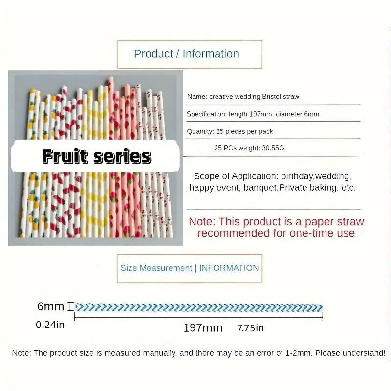 Eco-Friendly Biodegradable Fruit Series Paper Straws (25/100 Packs)