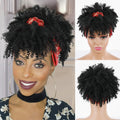 Afro Kinky Headband Wig Black Curly Headband Wig with Bangs for Black Women Synthetic Afro Curly Hair Wig with Headband Attached Short Kinky Curly Afro High Puff with Bangs Stripes Wig