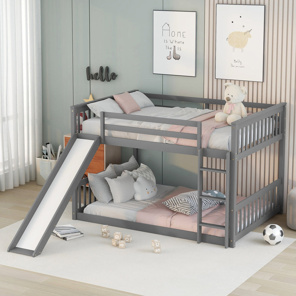 Masonstine Full over Full Bunk Bed with Slide and Ladder, Grey