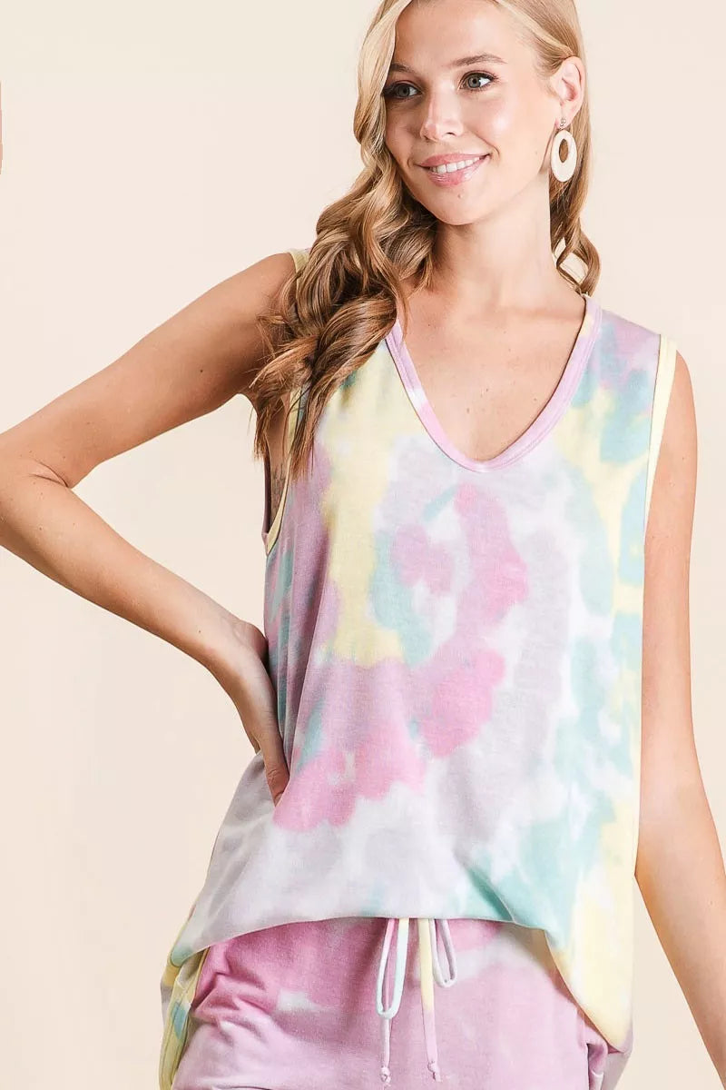 BiBi Sleeveless Tie Dye French Terry Knit Top