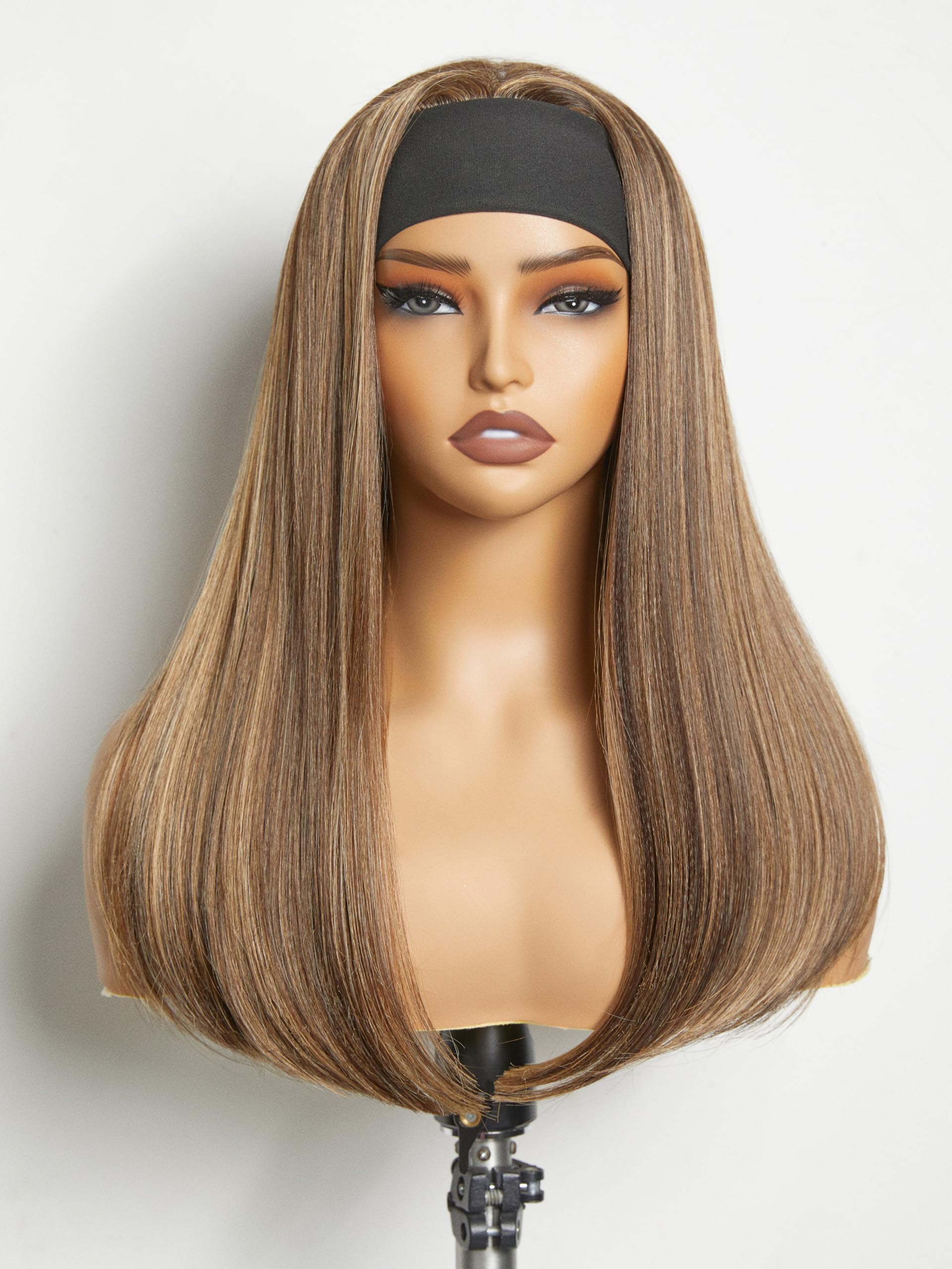 GORGIUS Straight Headband Wig Highlights Wig with Headband Ready to Go Glueless Synthetic Headband Wig Strawberry Blonde with Honey Brown Mix Colored 16 Inch Long Straight Wig (Color 4/27)